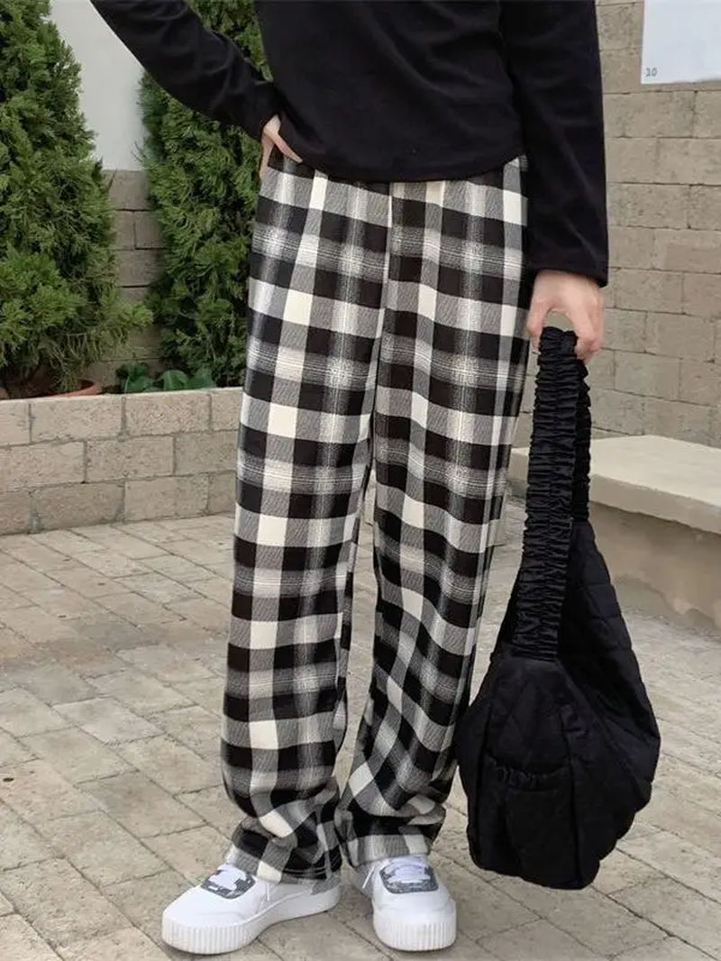 Plaid Pants Women Casual Loose Wide Leg Trousers Retro Straight Trousers Streetwear