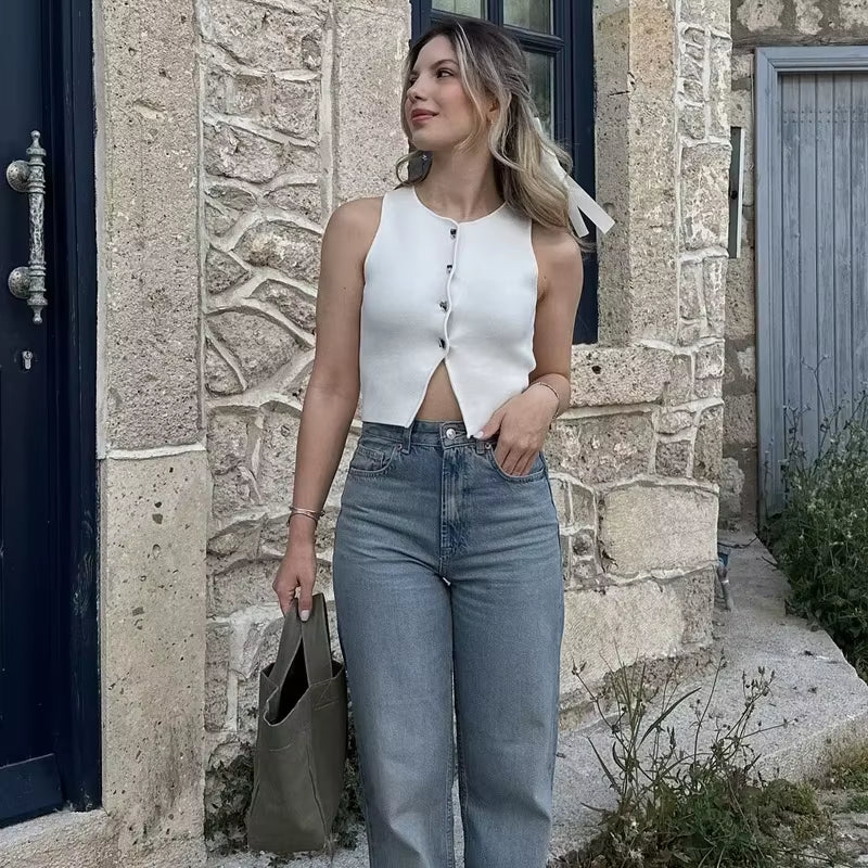 White Knit Crop Top Women Button Short Tops Woman Summer Tanks Camis Tops for Women Streetwear Vest Tank Top Female