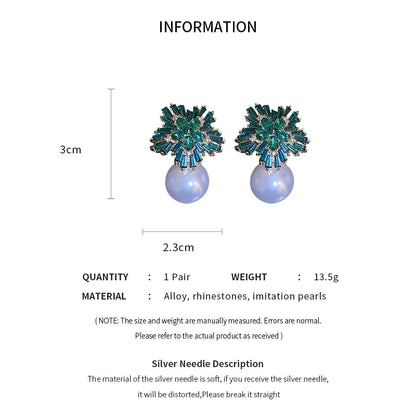 Light Luxury Imitation Pearl Earrings Women Fashion Zircon Crystal Snowflake Stud Earrings Jewelry Party Wedding
