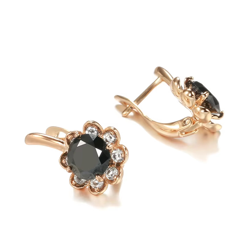 New 585 Rose Gold Pendant Earrings Center Inlay Black Zircon Flower Pierced Earrings Women Fashion