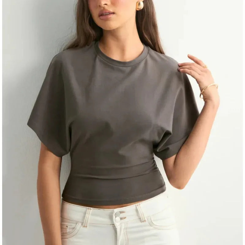 Women'S T-Shirts Crew Neck Ruched Waist Slim Fit Solid Color Casual Cropped Tee Summer Streetwear Basic Daily Wear Top