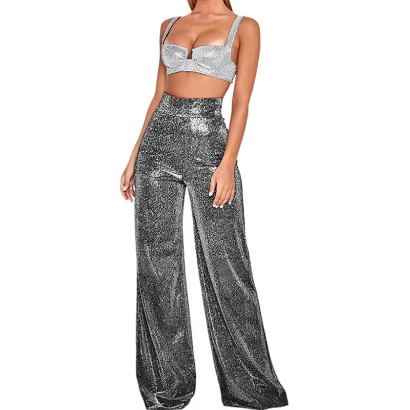 Disco Shine Palazzo Pants — Metallic Wide-Leg Trousers