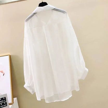 Summer Sunscreen Shirt Elegant Perspective Thin Chiffon Blouse Korean Harajuku See through Loose Top Casual Women'S Cardigan