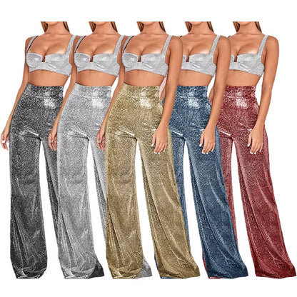 Disco Shine Palazzo Pants — Metallic Wide-Leg Trousers