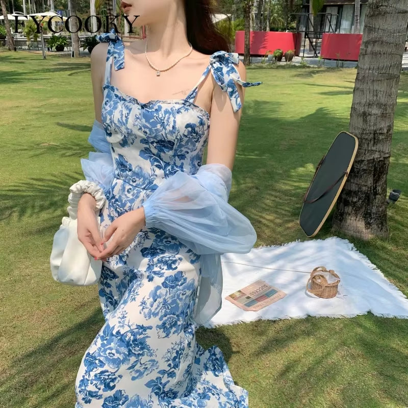 French Vintage Floral Straps Dress Women Summer New Fishtail Long Dress Ladies Elegant Ruffle Sleeveless Dress