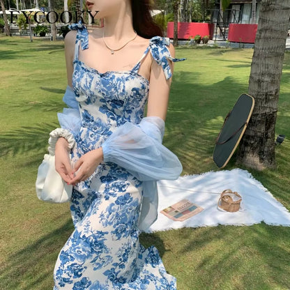 French Vintage Floral Straps Dress Women Summer New Fishtail Long Dress Ladies Elegant Ruffle Sleeveless Dress