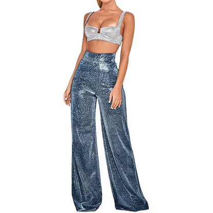 Disco Shine Palazzo Pants — Metallic Wide-Leg Trousers