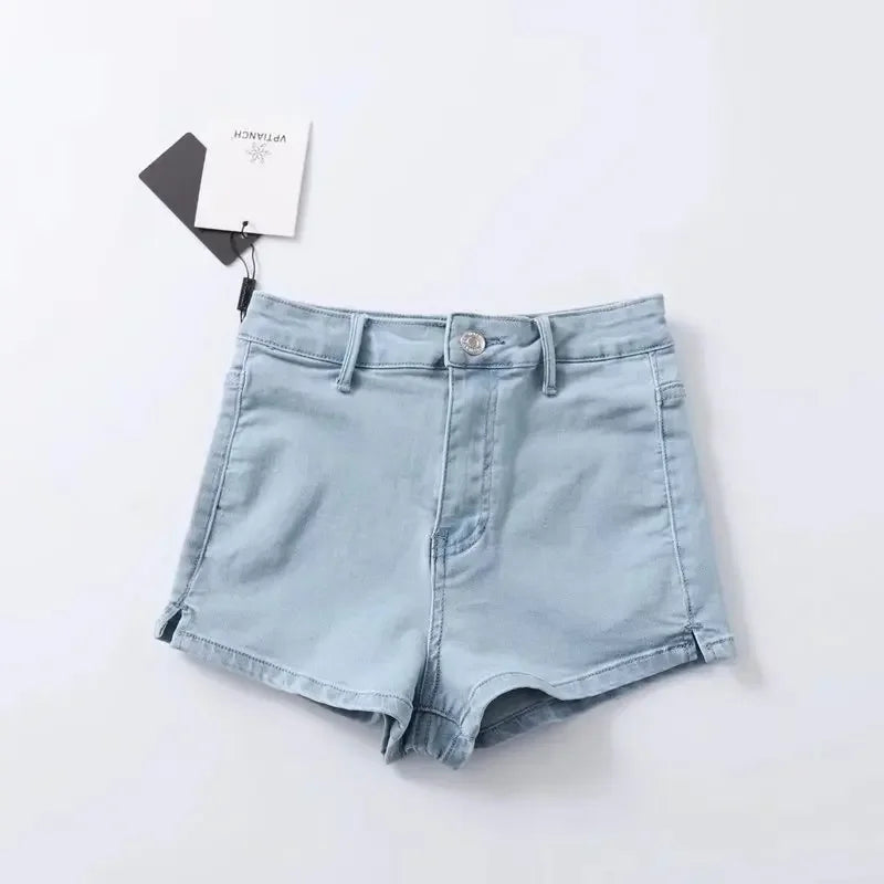 Summer Women High Elasticity Denim Hot Shorts Female Denim Casual Shorts High Waist Split Hem Denim Shorts