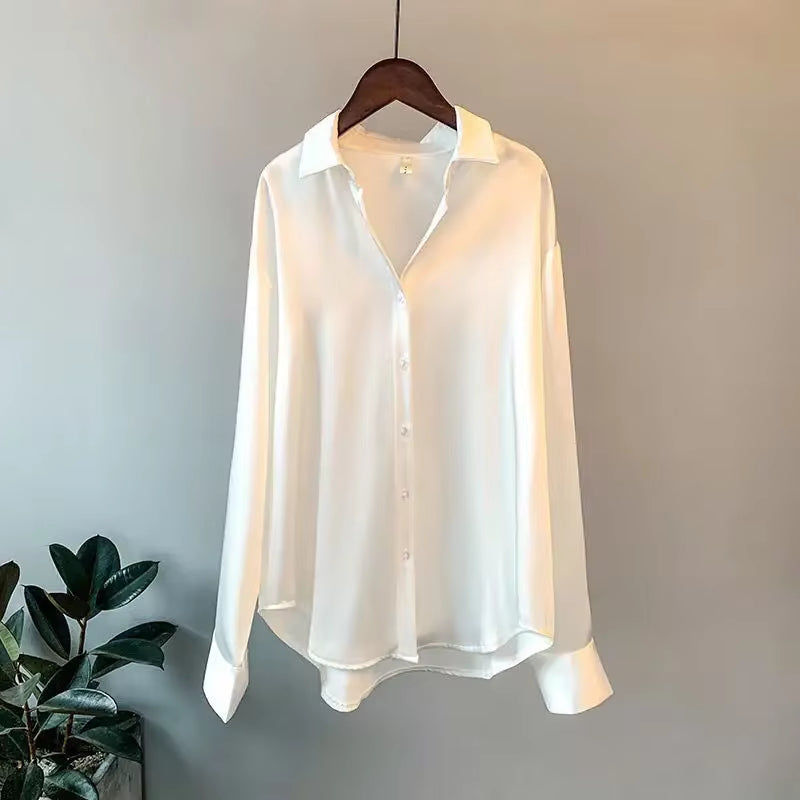 Silk Korean Office Ladies Elegant Shirt Blouse Women Fashion Button up Satin Shirt Vintage