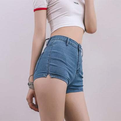 Summer Women High Elasticity Denim Hot Shorts Female Denim Casual Shorts High Waist Split Hem Denim Shorts