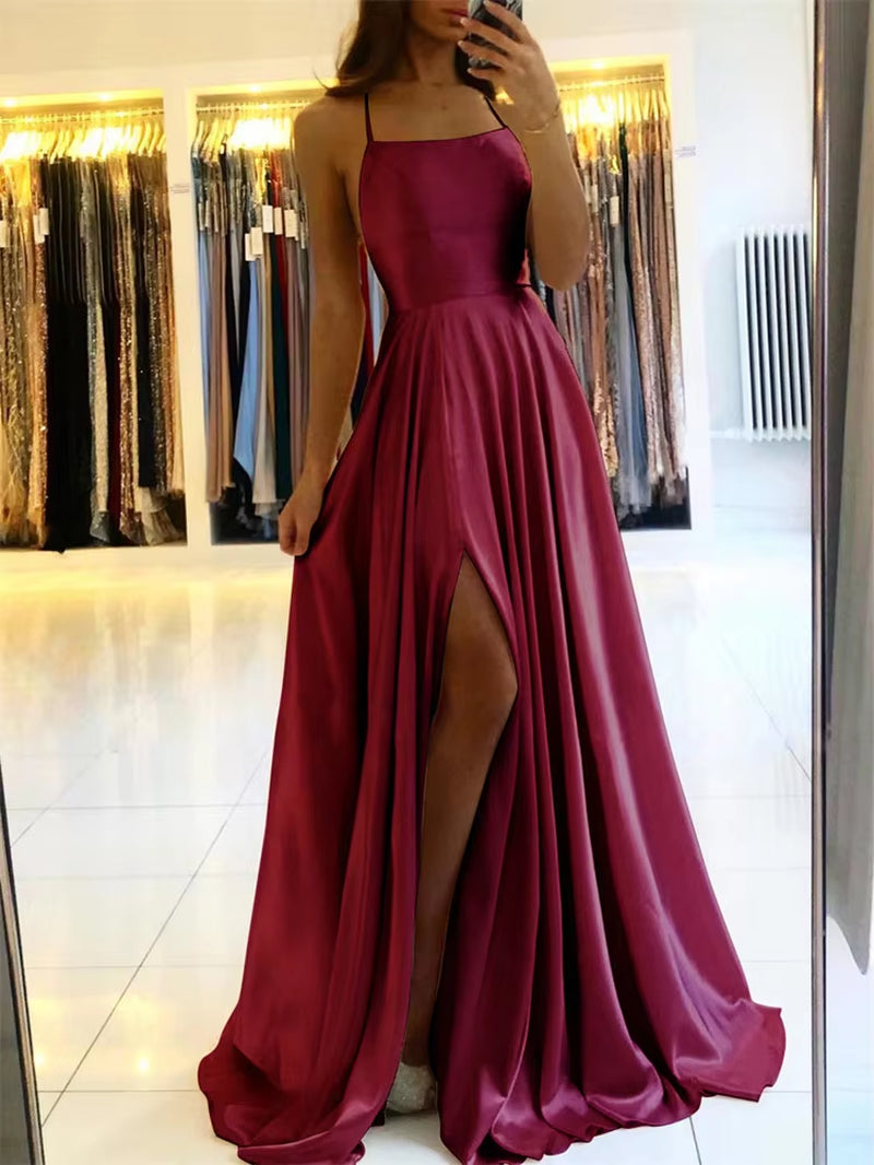 Burgundy Satin Maxi — Side-Slit Evening Dress