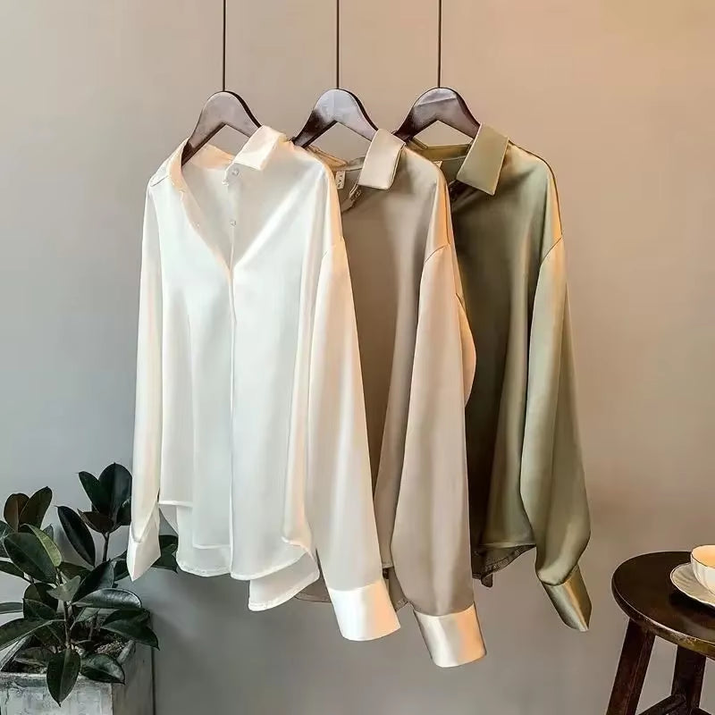 Silk Korean Office Ladies Elegant Shirt Blouse Women Fashion Button up Satin Shirt Vintage