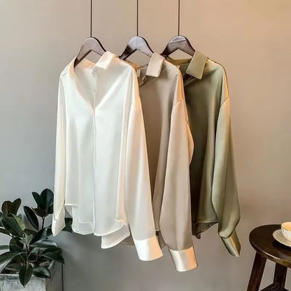 Silk Korean Office Ladies Elegant Shirt Blouse Women Fashion Button up Satin Shirt Vintage