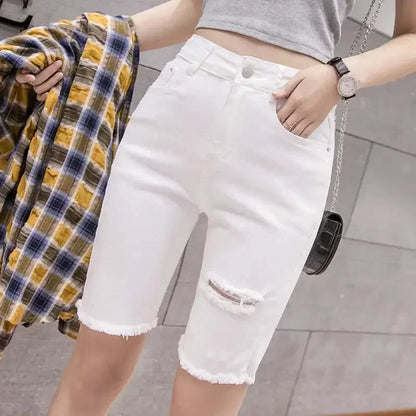 Black White Straight Stretch Denim Shorts Women Midi Jeans Summer Shorts Streetwear Hole Ripped High Waist Shorts
