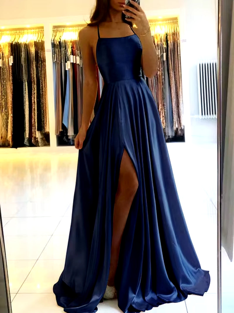 Burgundy Satin Maxi — Side-Slit Evening Dress