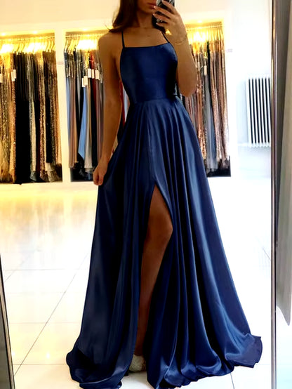 Burgundy Satin Maxi — Side-Slit Evening Dress