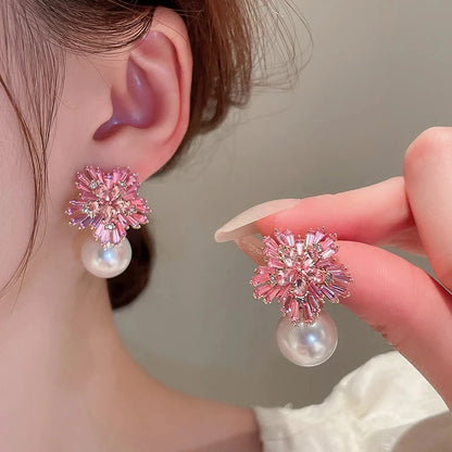 Light Luxury Imitation Pearl Earrings Women Fashion Zircon Crystal Snowflake Stud Earrings Jewelry Party Wedding