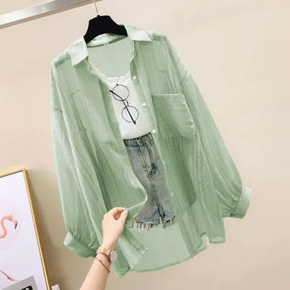 Summer Sunscreen Shirt Elegant Perspective Thin Chiffon Blouse Korean Harajuku See through Loose Top Casual Women'S Cardigan