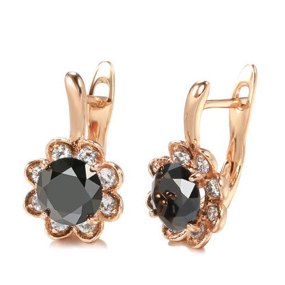 New 585 Rose Gold Pendant Earrings Center Inlay Black Zircon Flower Pierced Earrings Women Fashion