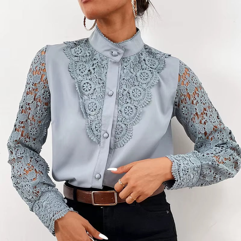 Women Elegant Embroidery Lace Blouse Shirt Spring Casual Long Sleeve Stand Collar Tops Office Lady Solid Color Blouse