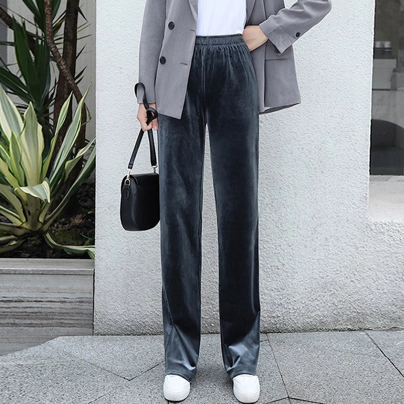 Women'S Pants Straight Female Trousers Wide Leg Korean Style Fashion Streetwear Vintage Velvet Casual Loose Pants Suits Office