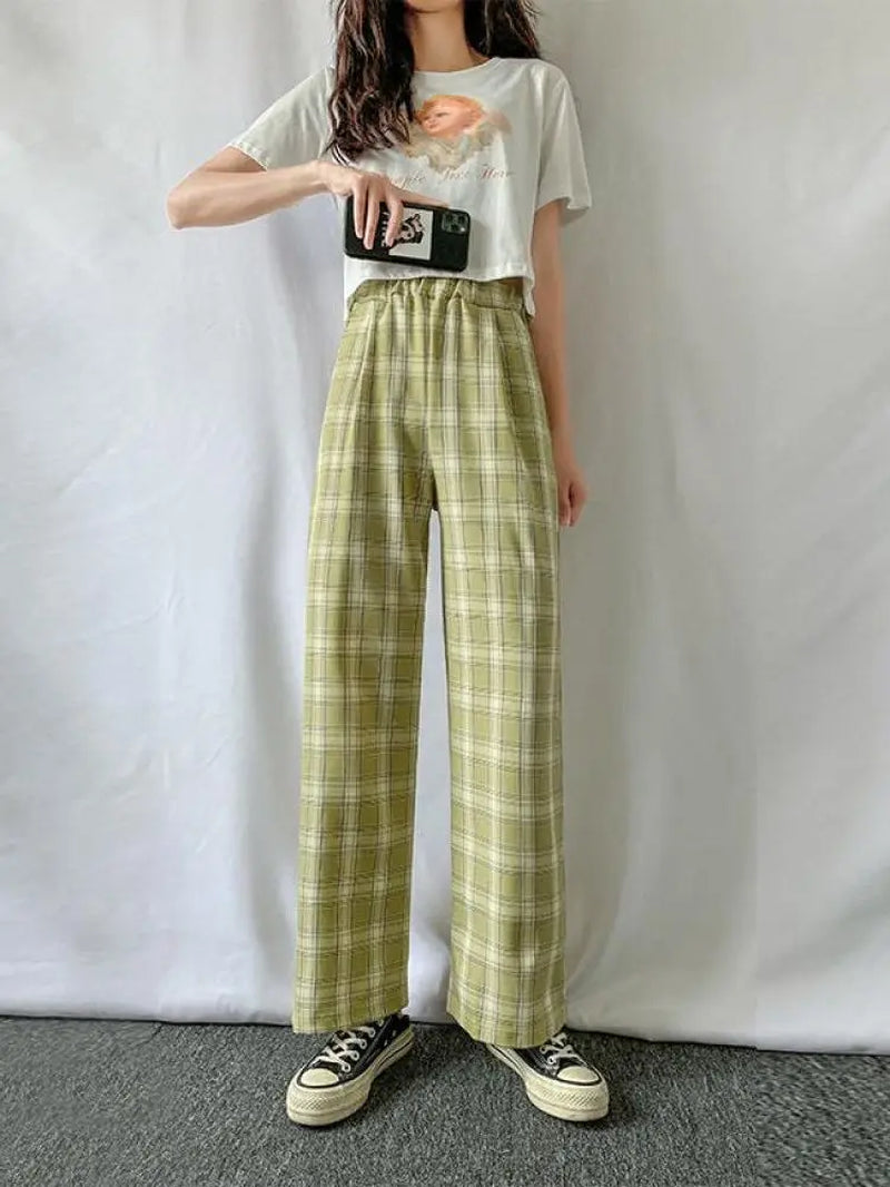 Plaid Pants Women Casual Loose Wide Leg Trousers Retro Straight Trousers Streetwear