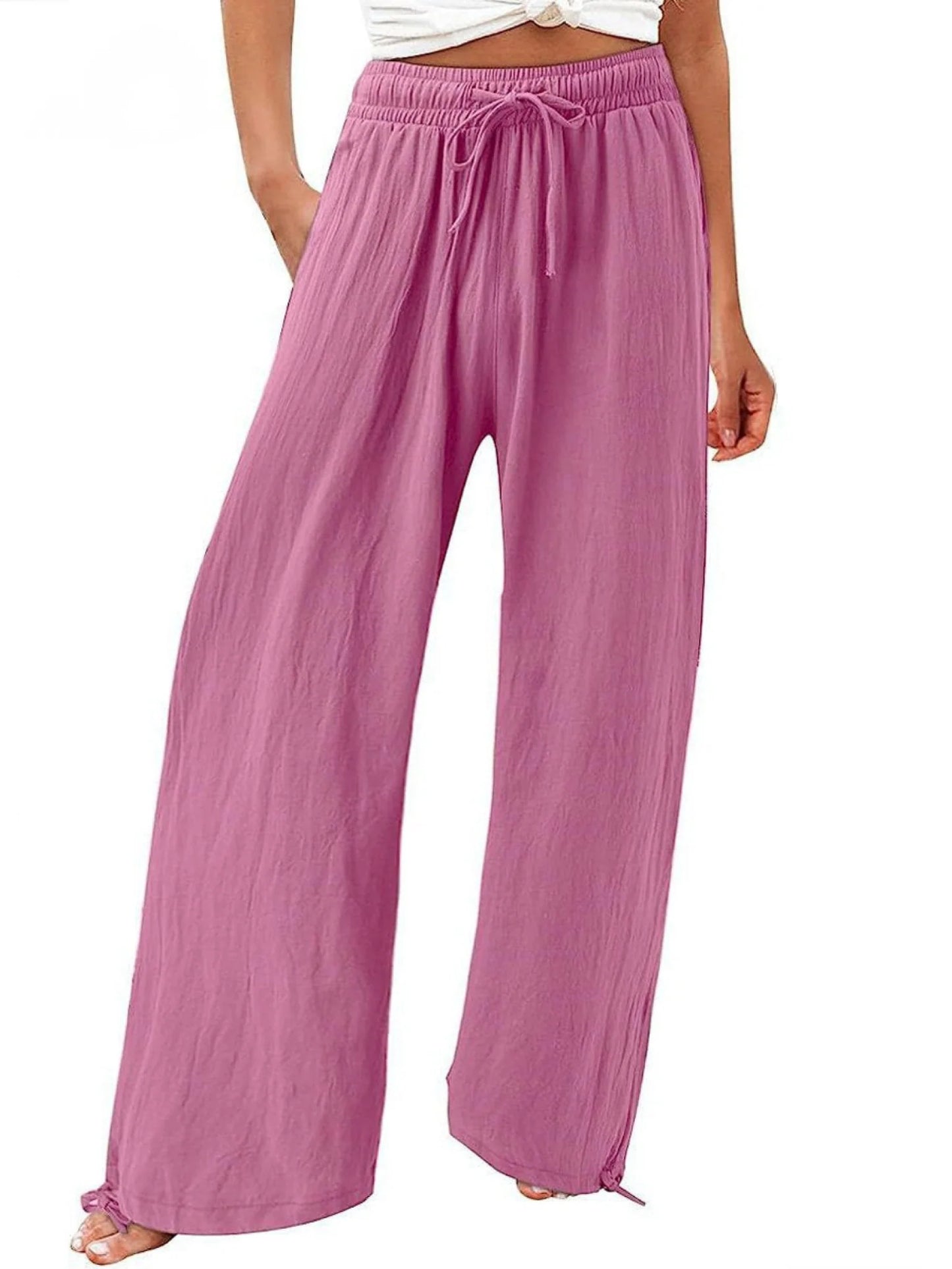Women'S Linen Wide Leg Trousers High Waisted Drawstring Pants