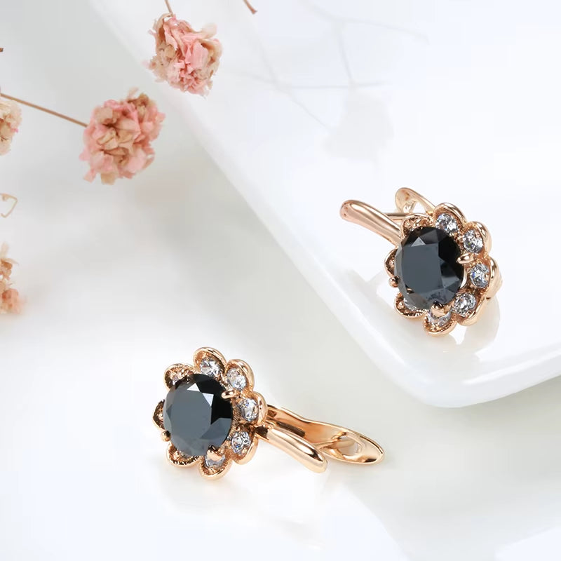 New 585 Rose Gold Pendant Earrings Center Inlay Black Zircon Flower Pierced Earrings Women Fashion