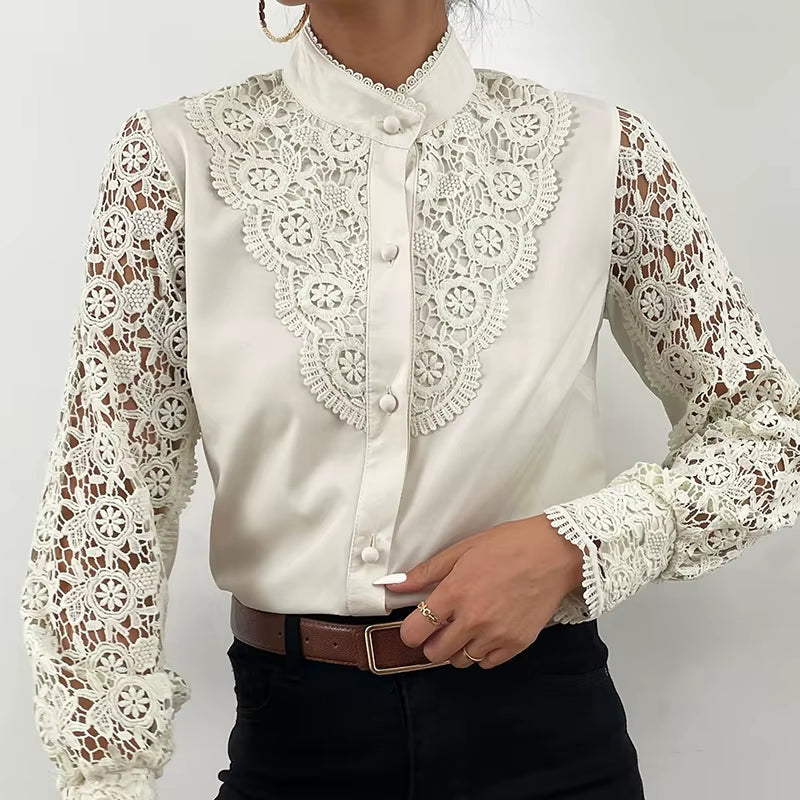 Women Elegant Embroidery Lace Blouse Shirt Spring Casual Long Sleeve Stand Collar Tops Office Lady Solid Color Blouse