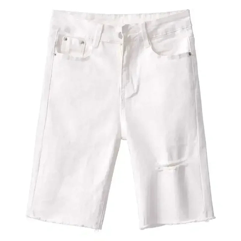 Black White Straight Stretch Denim Shorts Women Midi Jeans Summer Shorts Streetwear Hole Ripped High Waist Shorts