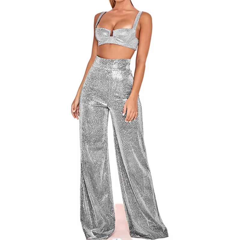 Disco Shine Palazzo Pants — Metallic Wide-Leg Trousers