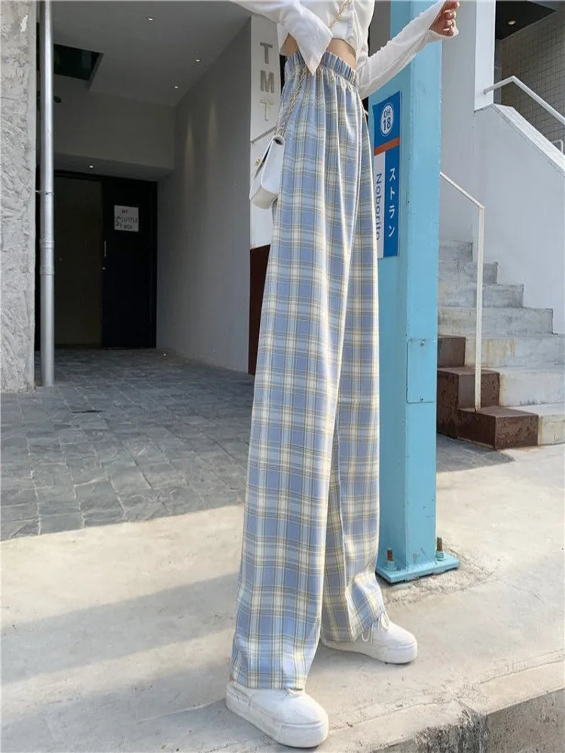 Plaid Pants Women Casual Loose Wide Leg Trousers Retro Straight Trousers Streetwear