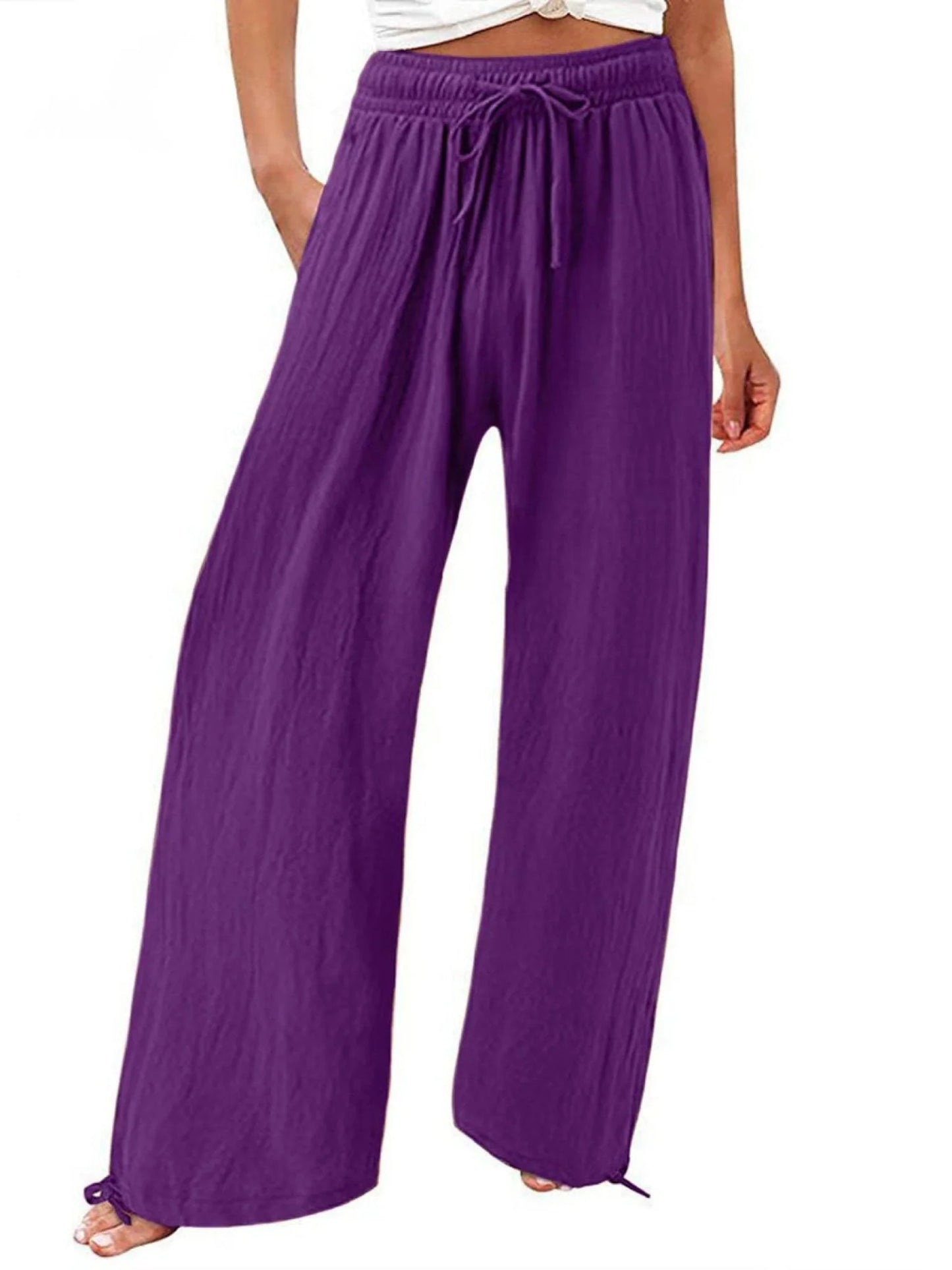 Women'S Linen Wide Leg Trousers High Waisted Drawstring Pants