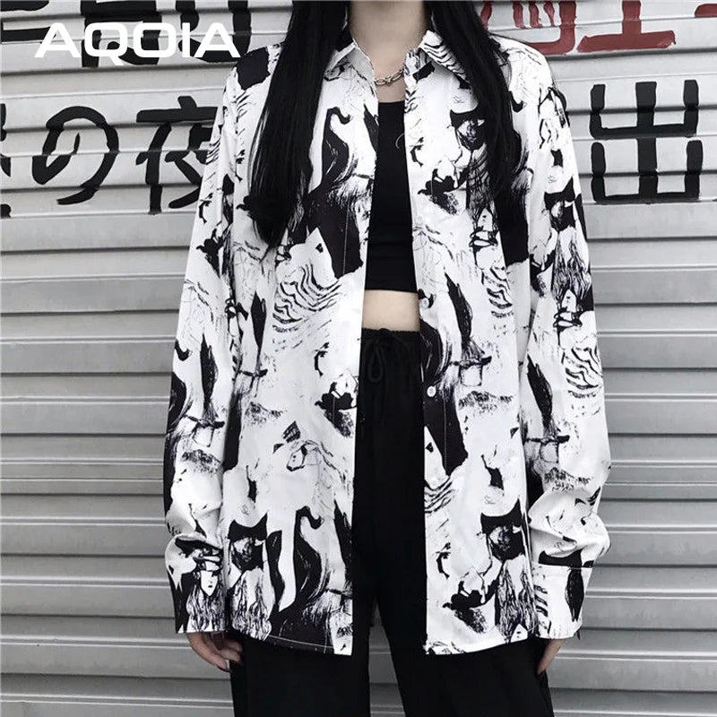 Harajuku Ink Blouse — Oversized Y2K Print Shirt