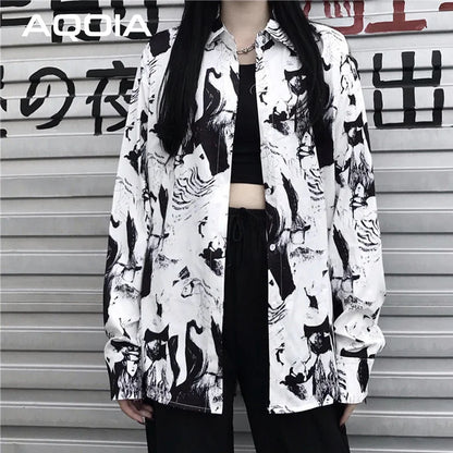 Harajuku Ink Blouse — Oversized Y2K Print Shirt