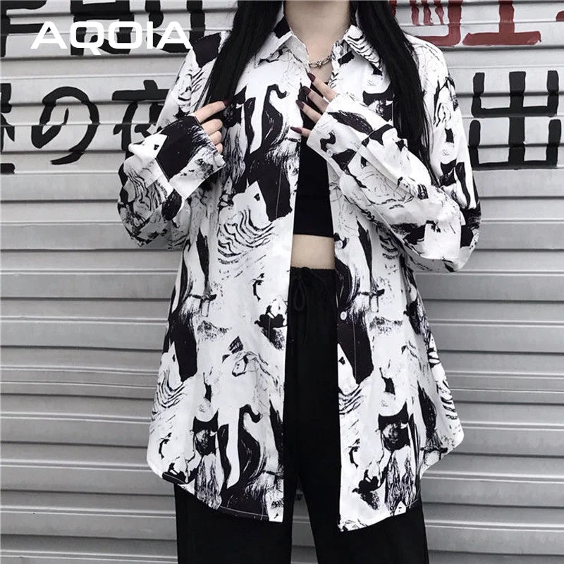 Harajuku Ink Blouse — Oversized Y2K Print Shirt