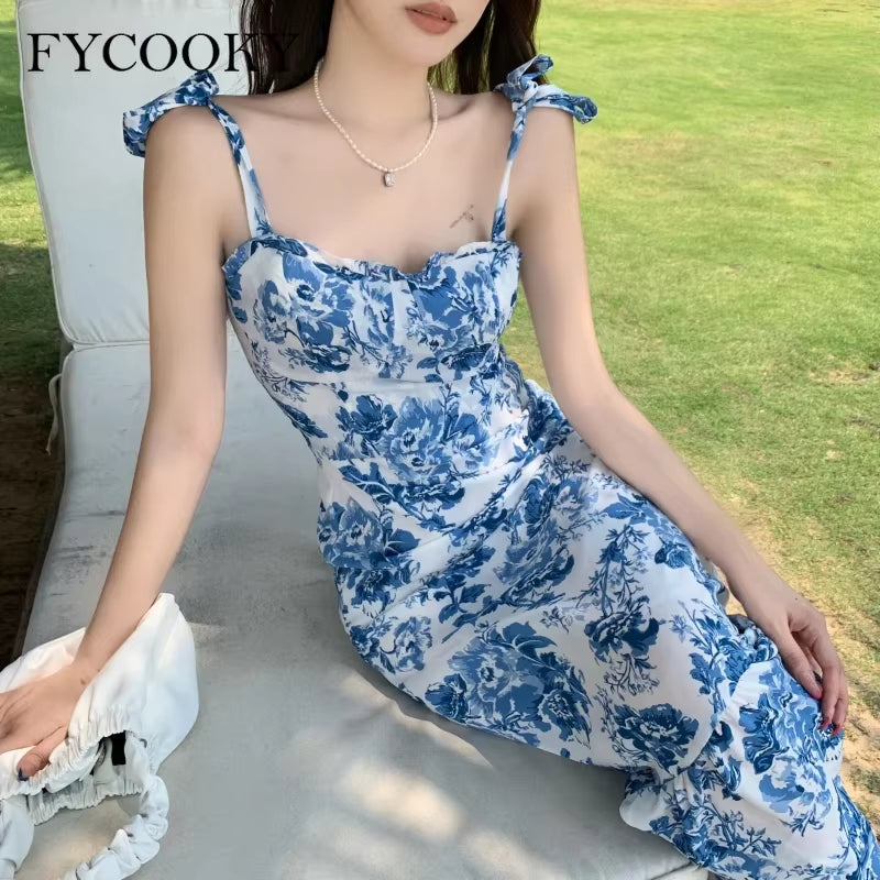 French Vintage Floral Straps Dress Women Summer New Fishtail Long Dress Ladies Elegant Ruffle Sleeveless Dress