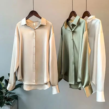 Silk Korean Office Ladies Elegant Shirt Blouse Women Fashion Button up Satin Shirt Vintage