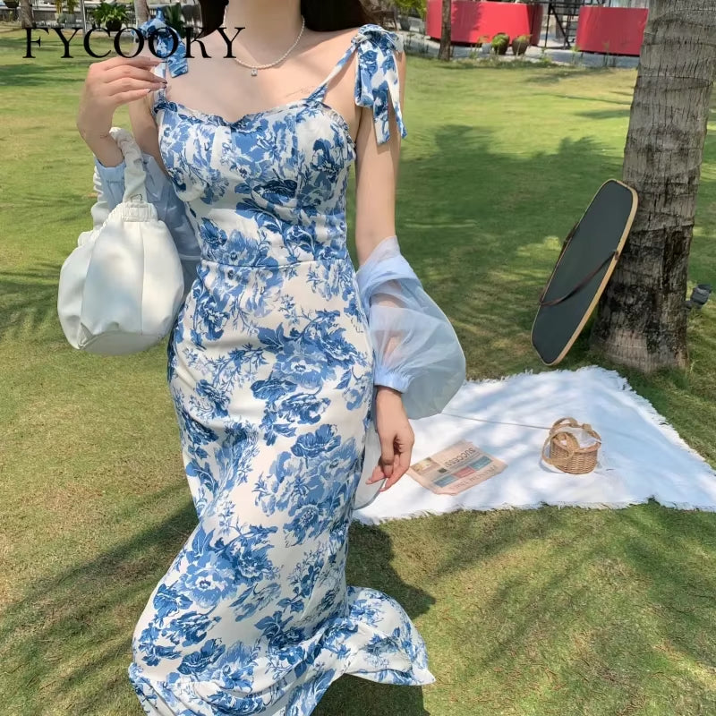 French Vintage Floral Straps Dress Women Summer New Fishtail Long Dress Ladies Elegant Ruffle Sleeveless Dress