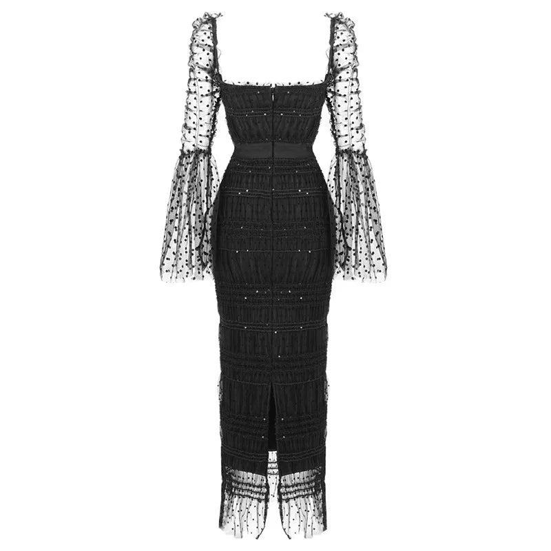 Noir Sequin Midi — Mesh Splicing Party Dress