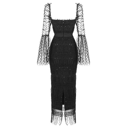 Noir Sequin Midi — Mesh Splicing Party Dress