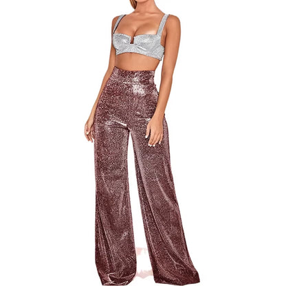 Disco Shine Palazzo Pants — Metallic Wide-Leg Trousers