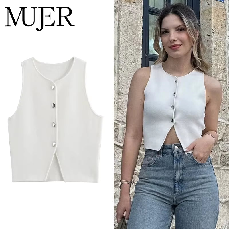 White Knit Crop Top Women Button Short Tops Woman Summer Tanks Camis Tops for Women Streetwear Vest Tank Top Female