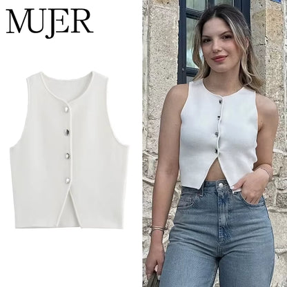 White Knit Crop Top Women Button Short Tops Woman Summer Tanks Camis Tops for Women Streetwear Vest Tank Top Female