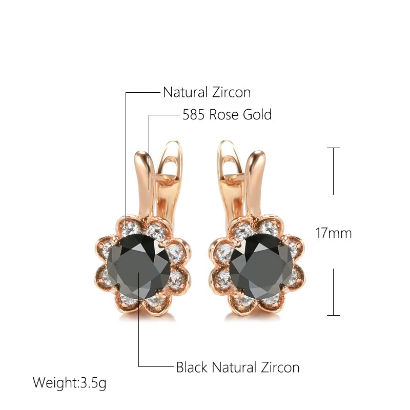 New 585 Rose Gold Pendant Earrings Center Inlay Black Zircon Flower Pierced Earrings Women Fashion