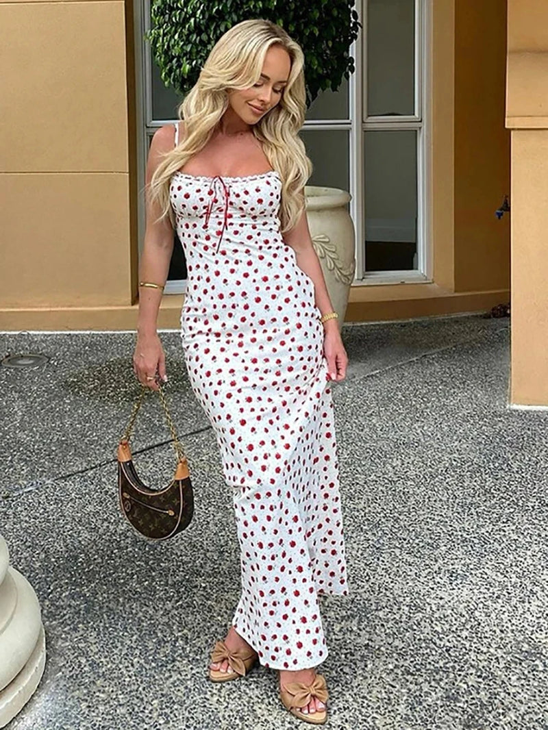 Sexy Backless Print Floral Women Maxi Dress White Spaghetti Strap Evening Dress Elegant Party Clubwear