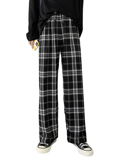 Plaid Pants Women Casual Loose Wide Leg Trousers Retro Straight Trousers Streetwear