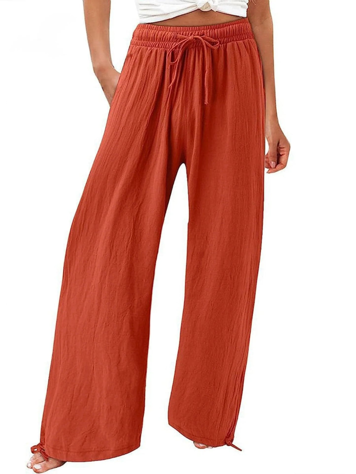 Women'S Linen Wide Leg Trousers High Waisted Drawstring Pants