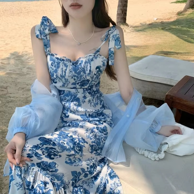 French Vintage Floral Straps Dress Women Summer New Fishtail Long Dress Ladies Elegant Ruffle Sleeveless Dress