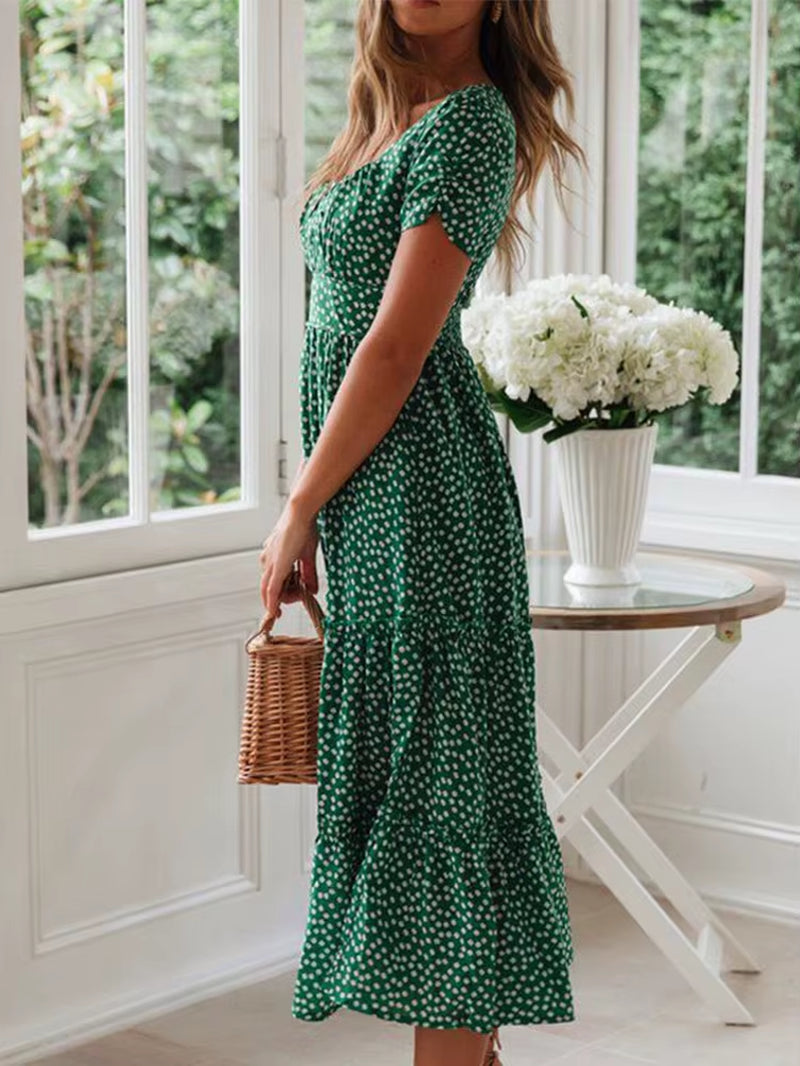 Vestidos Vintage Vintage Print Puff Sleeve Summer Beach Sweet Dresses Casual Square Collar Floral Maxi Long Dress Festa